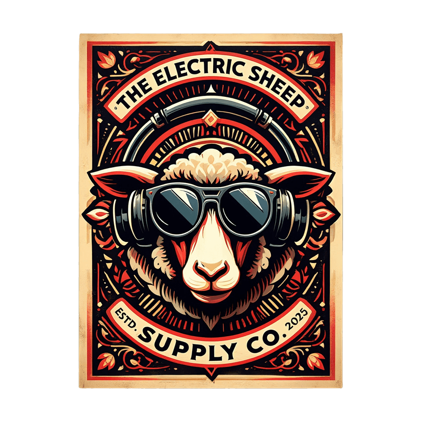 The Electric Sheep Supply Co. logo - a sheep wearing sunglasses and headphones in vintage poster style